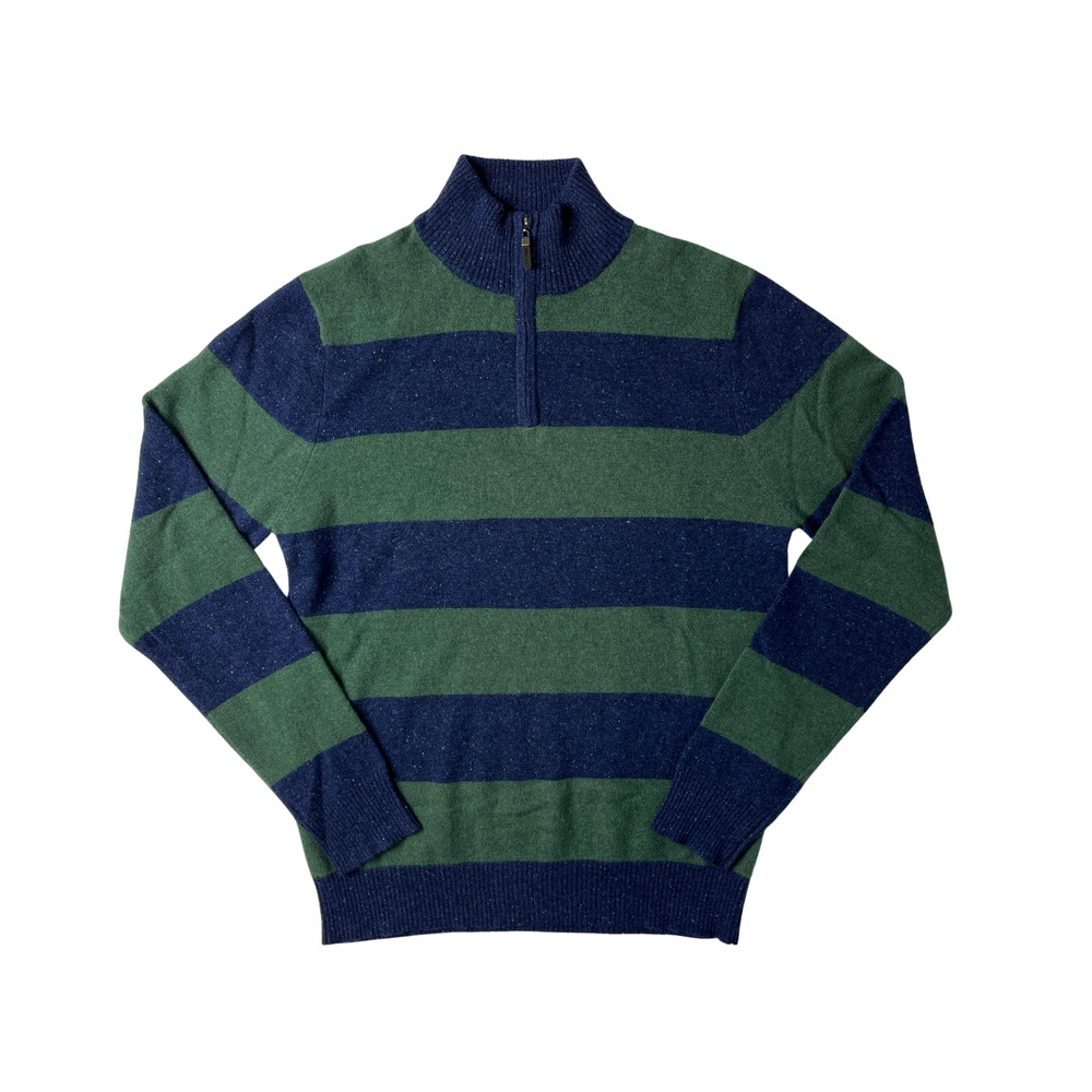 1-39 QI CASHMERE Men's Sweater Zip-Henley Blue/Green Striped Medium